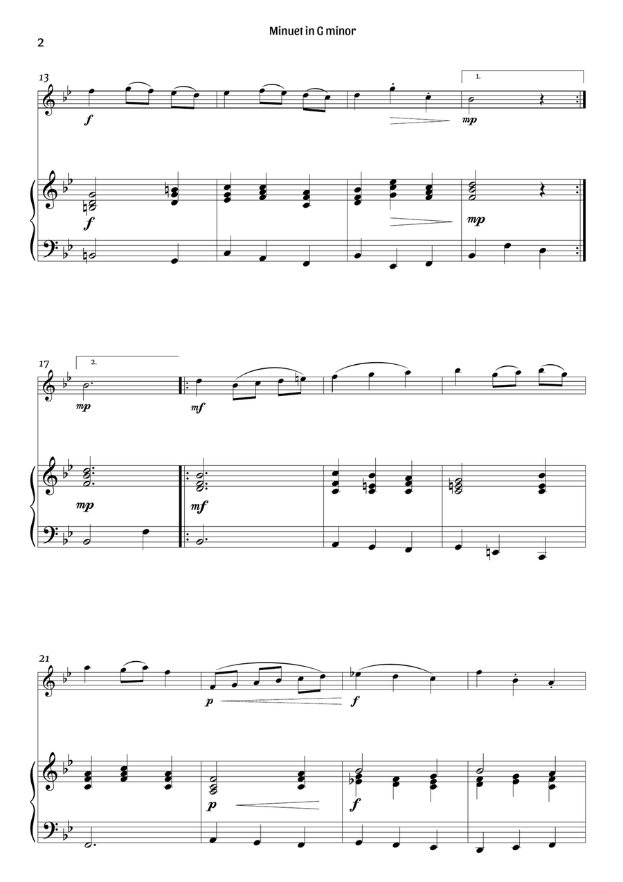 Minuet in G minor (flute and piano – clean sheet music) Flute Solo scores gallery preview page 2