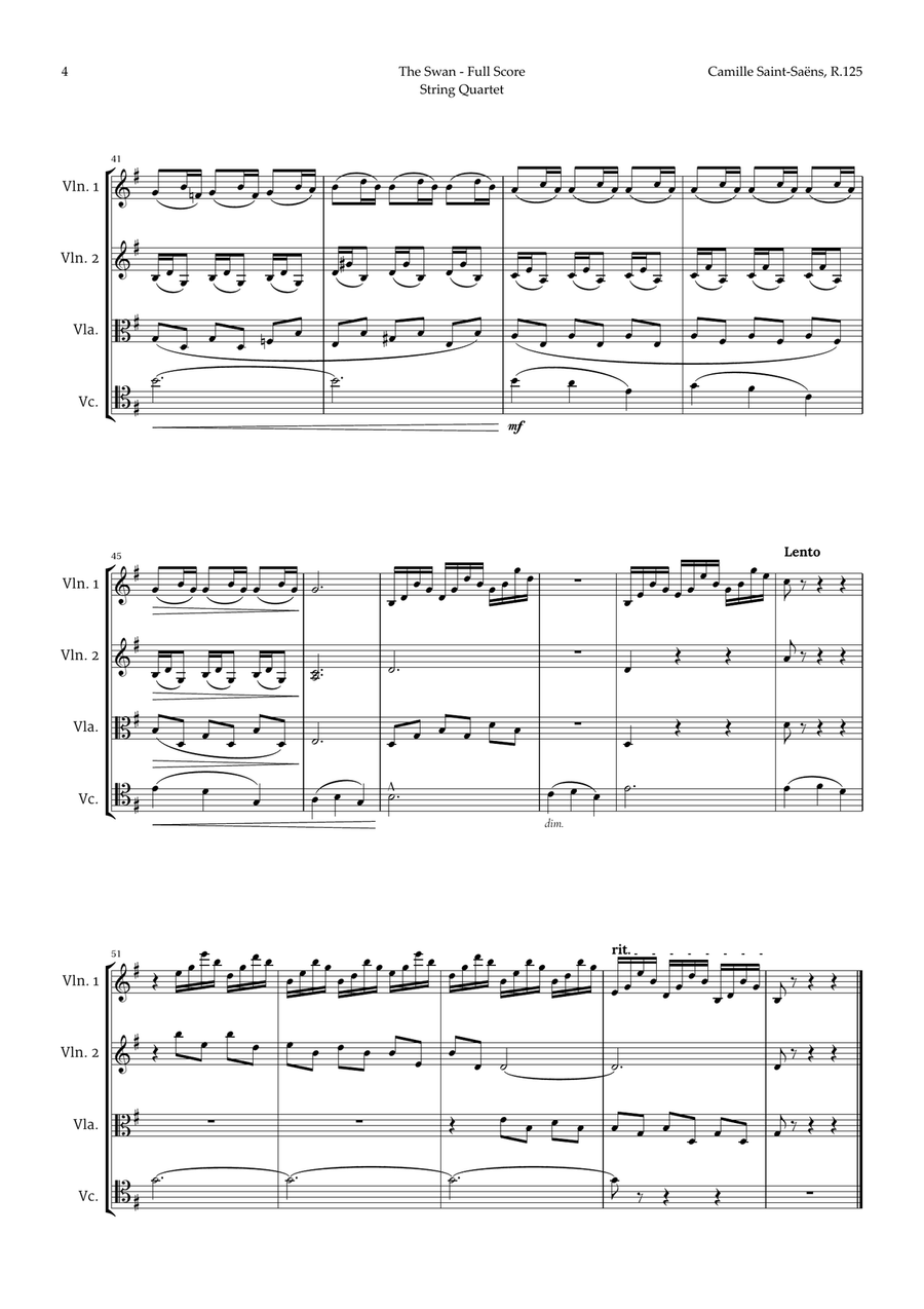 The Swan by Saint-Saëns for String Quartet String Quartet scores gallery preview page 4