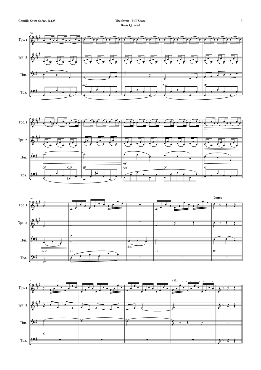 The Swan by Saint-Saëns for Brass Quartet with Chords Brass Quartet scores gallery preview page 3