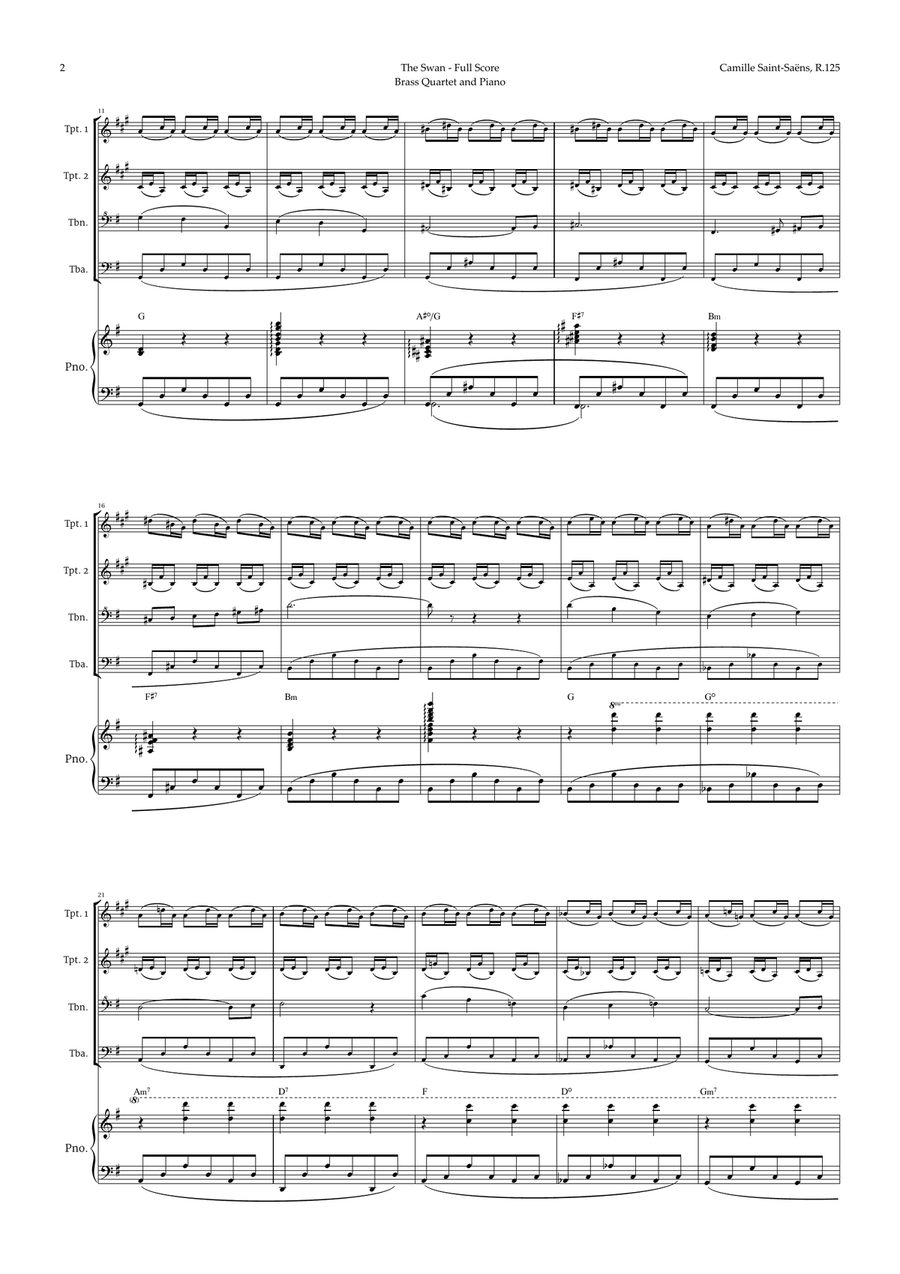 The Swan by Saint-Saëns for Brass Quartet and Piano with Chords Brass Quartet scores gallery preview page 2