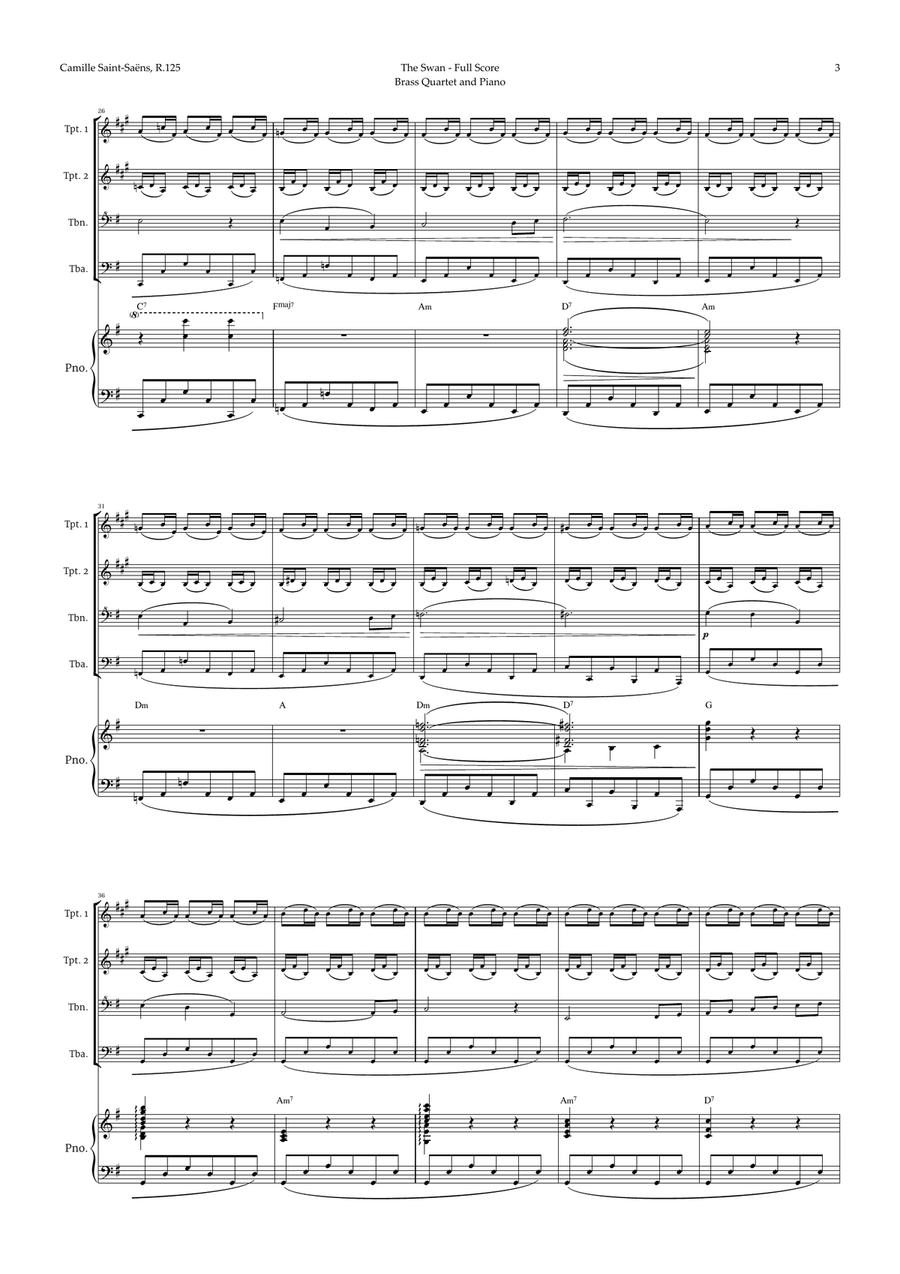 The Swan by Saint-Saëns for Brass Quartet and Piano with Chords Brass Quartet scores gallery preview page 3