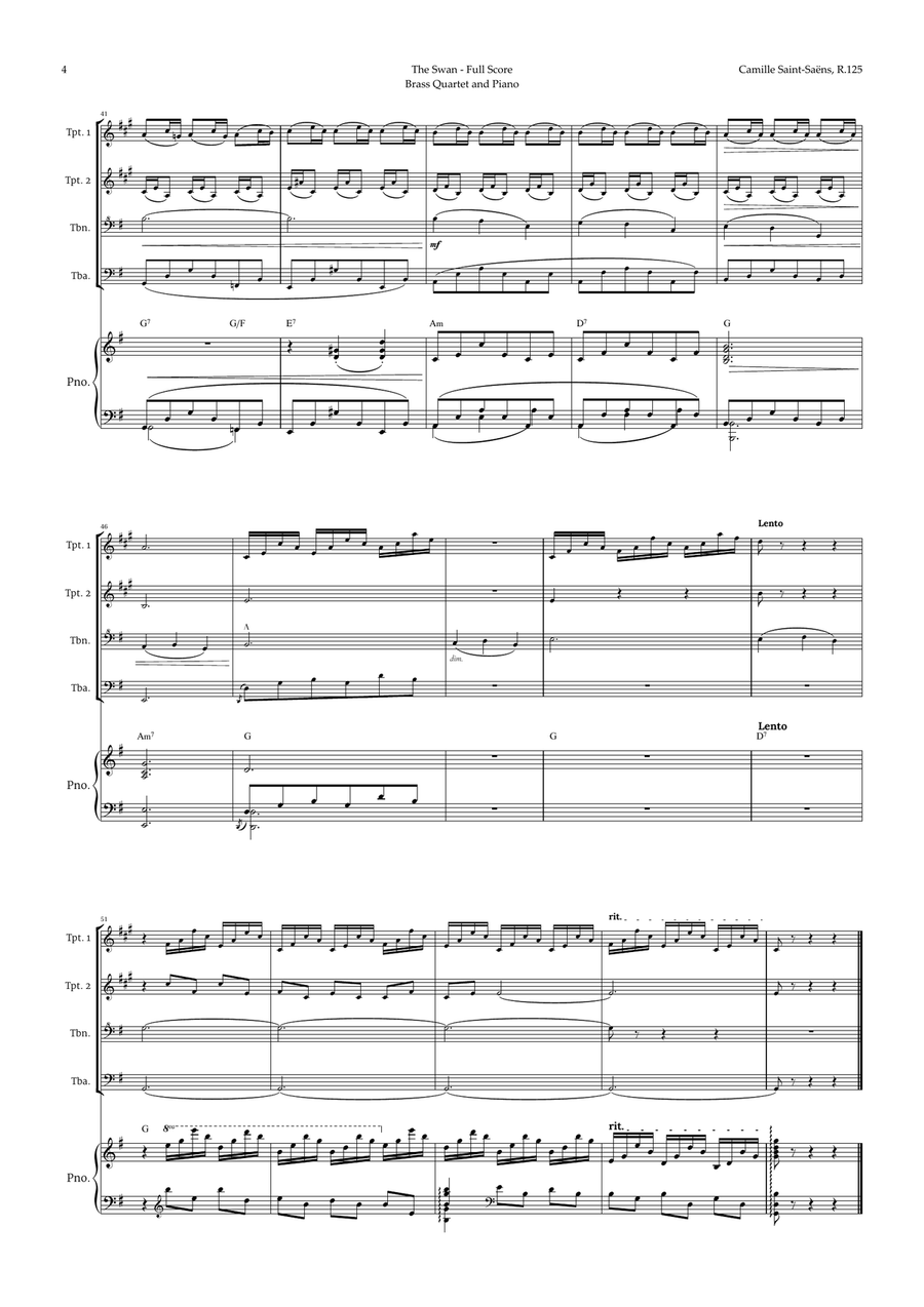 The Swan by Saint-Saëns for Brass Quartet and Piano with Chords Brass Quartet scores gallery preview page 4