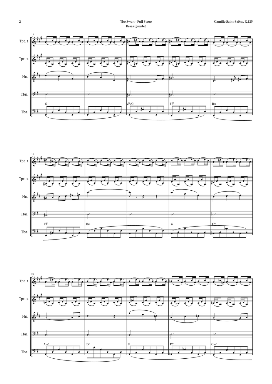 The Swan by Saint-Saëns for Brass Quintet with Chords Brass Quintet scores gallery preview page 2