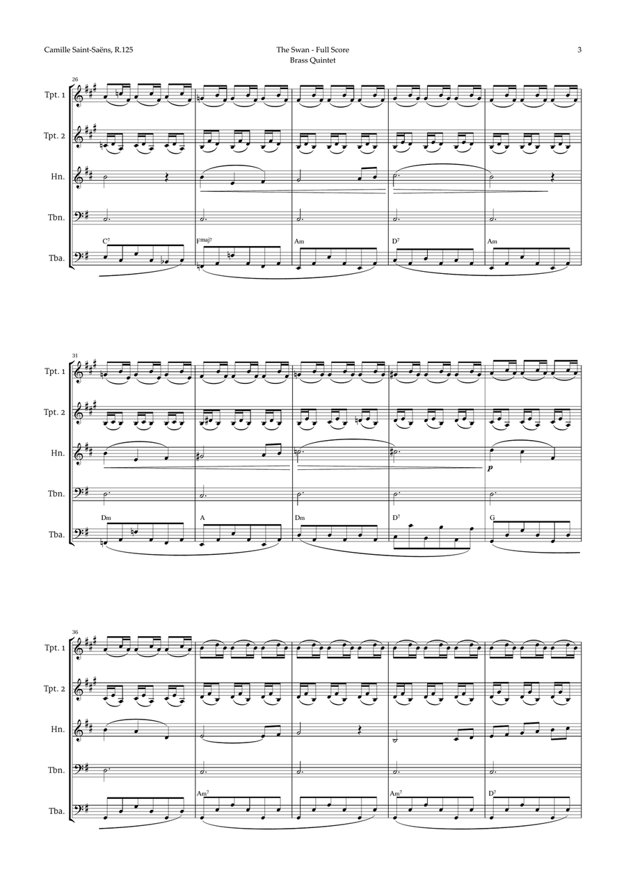The Swan by Saint-Saëns for Brass Quintet with Chords Brass Quintet scores gallery preview page 3