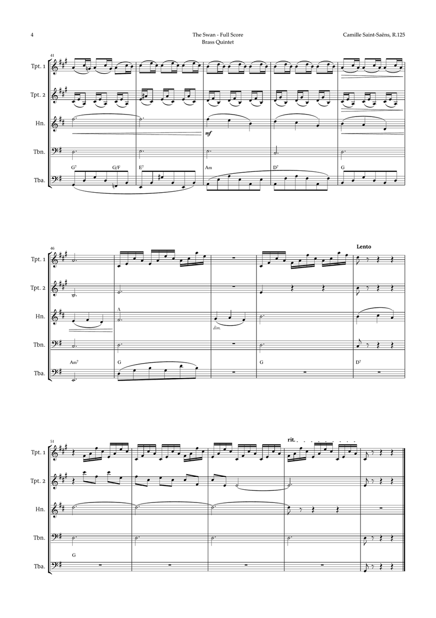 The Swan by Saint-Saëns for Brass Quintet with Chords Brass Quintet scores gallery preview page 4