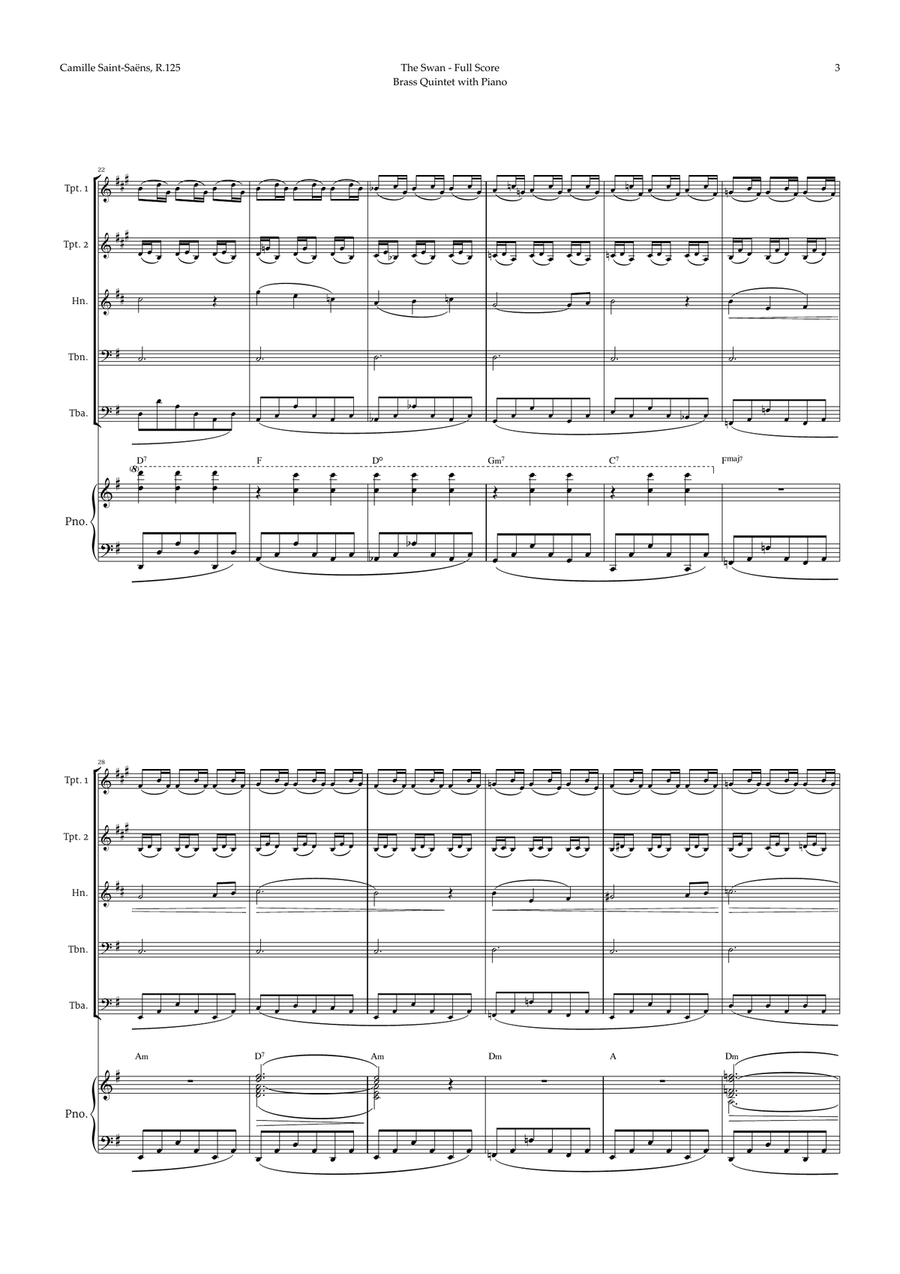 The Swan by Saint-Saëns for Brass Quintet and Piano with Chords Brass Ensemble scores gallery preview page 3
