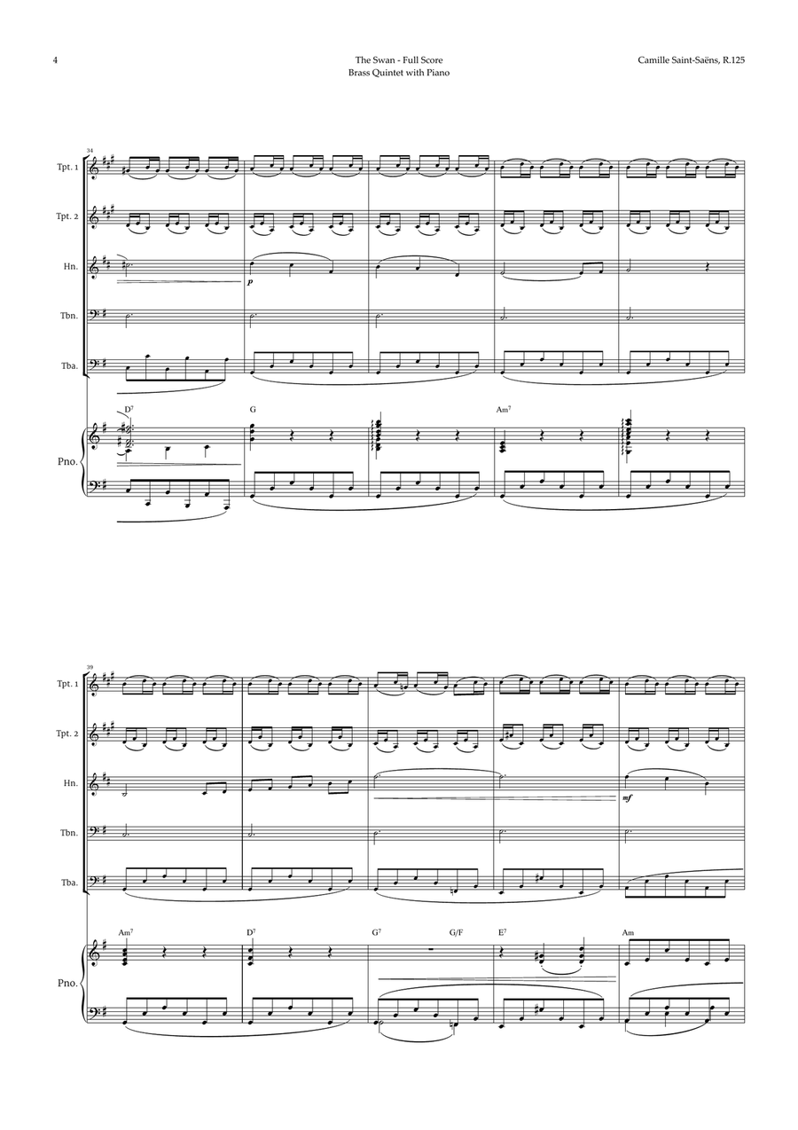 The Swan by Saint-Saëns for Brass Quintet and Piano with Chords Brass Ensemble scores gallery preview page 4