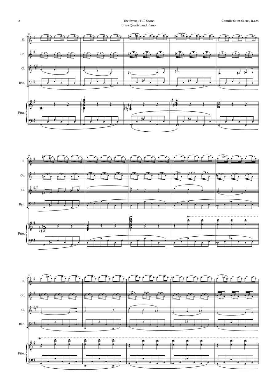 The Swan by Saint-Saëns for Woodwind Quartet and Piano Woodwind Quartet scores gallery preview page 2