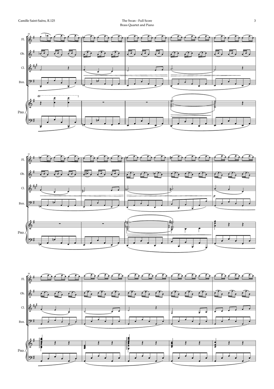The Swan by Saint-Saëns for Woodwind Quartet and Piano Woodwind Quartet scores gallery preview page 3