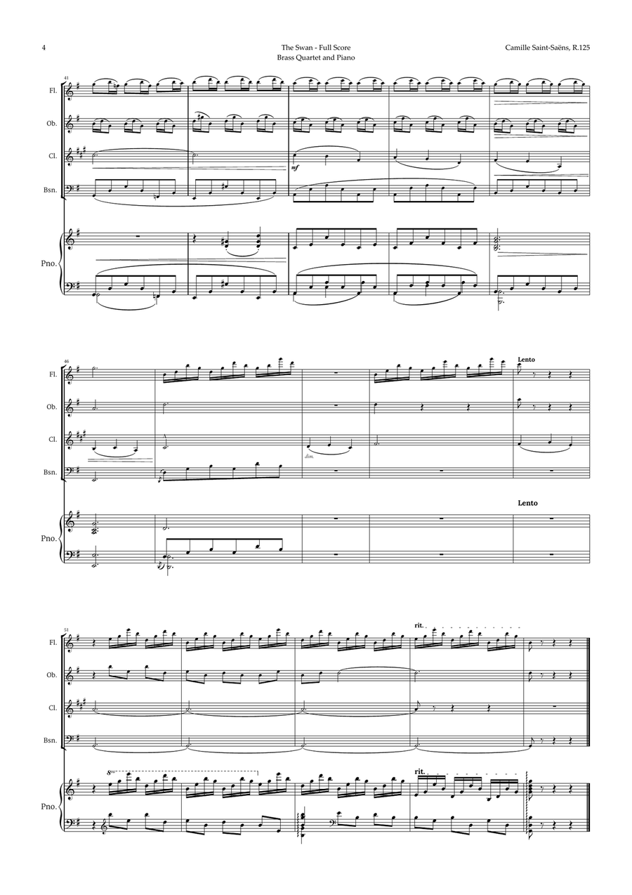 The Swan by Saint-Saëns for Woodwind Quartet and Piano Woodwind Quartet scores gallery preview page 4
