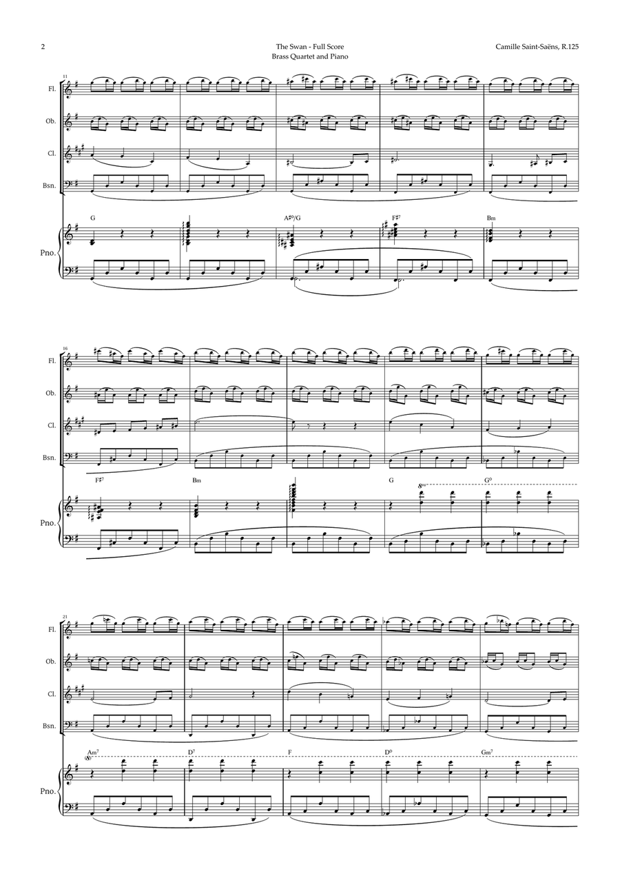 The Swan by Saint-Saëns for Woodwind Quartet and Piano with Chords Woodwind Quartet scores gallery preview page 2