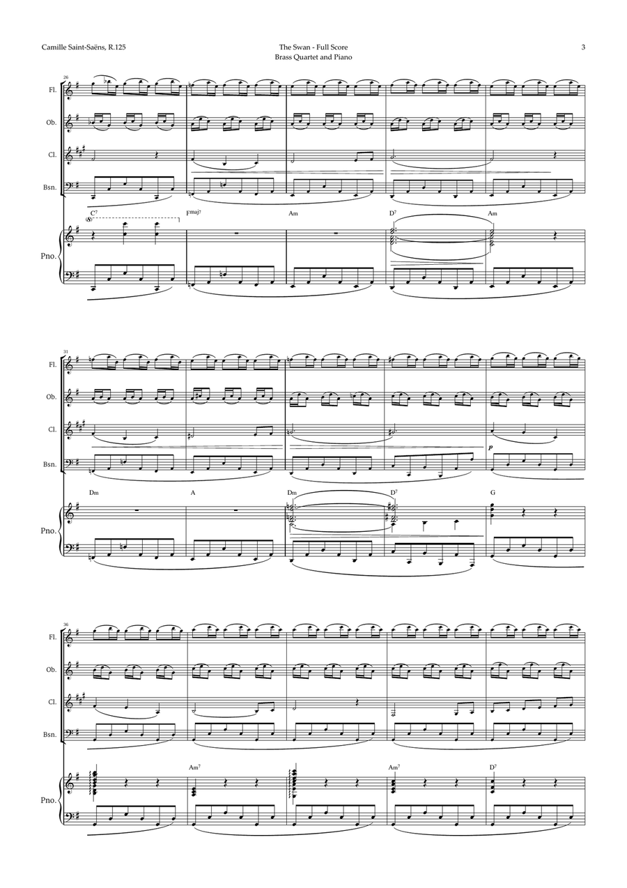 The Swan by Saint-Saëns for Woodwind Quartet and Piano with Chords Woodwind Quartet scores gallery preview page 3