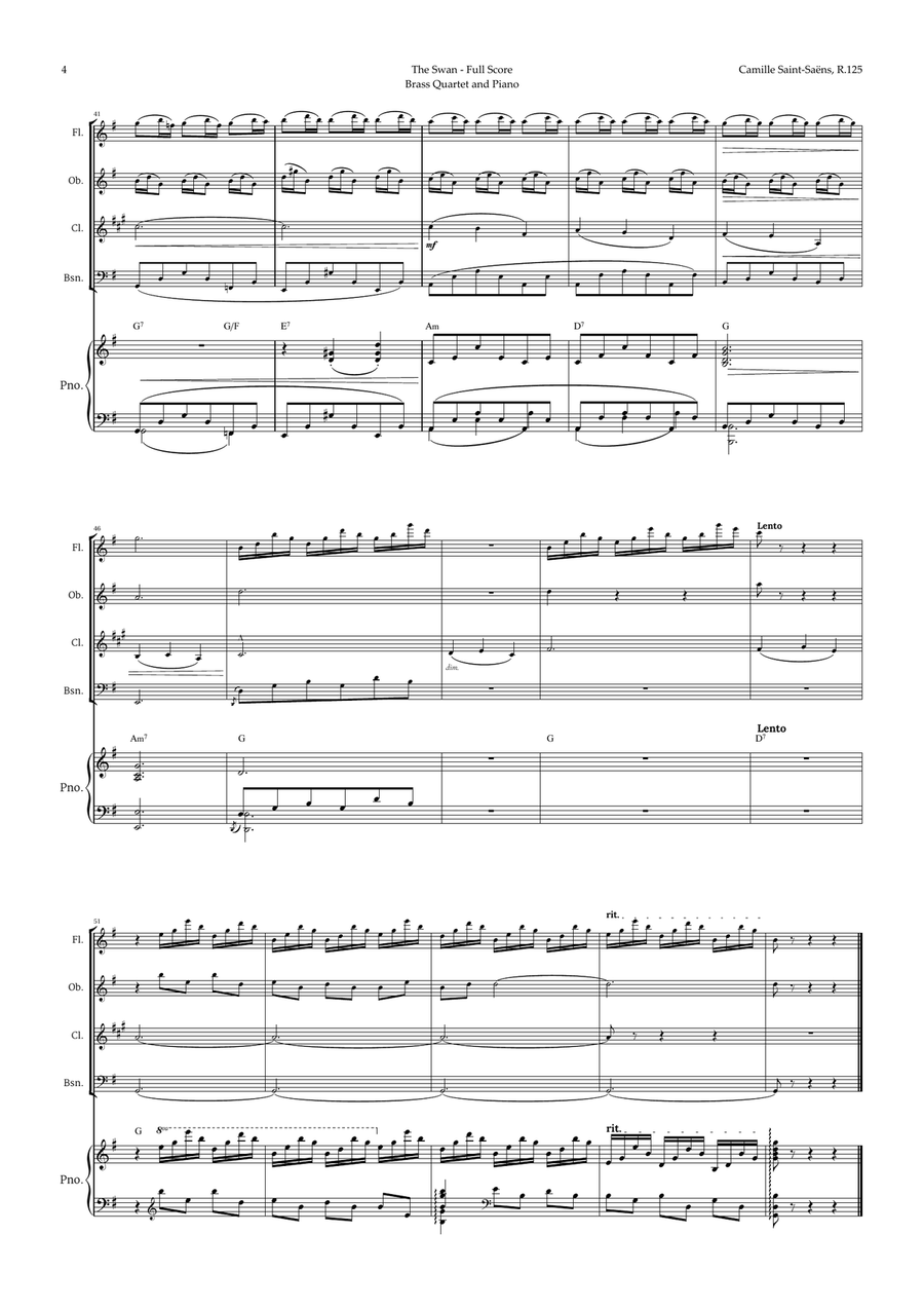 The Swan by Saint-Saëns for Woodwind Quartet and Piano with Chords Woodwind Quartet scores gallery preview page 4