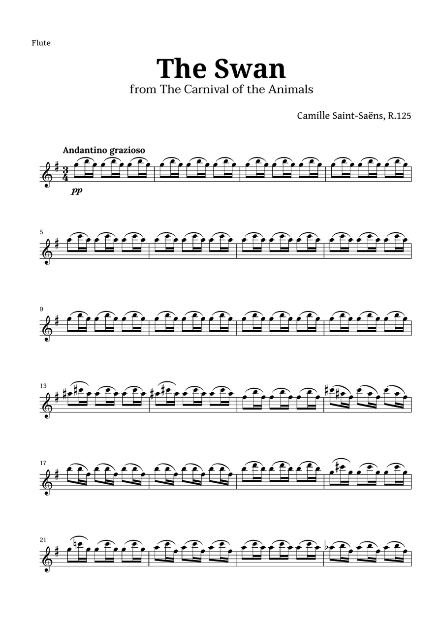 The Swan by Saint-Saëns for Woodwind Quartet and Piano with Chords Woodwind Quartet scores gallery preview page 5