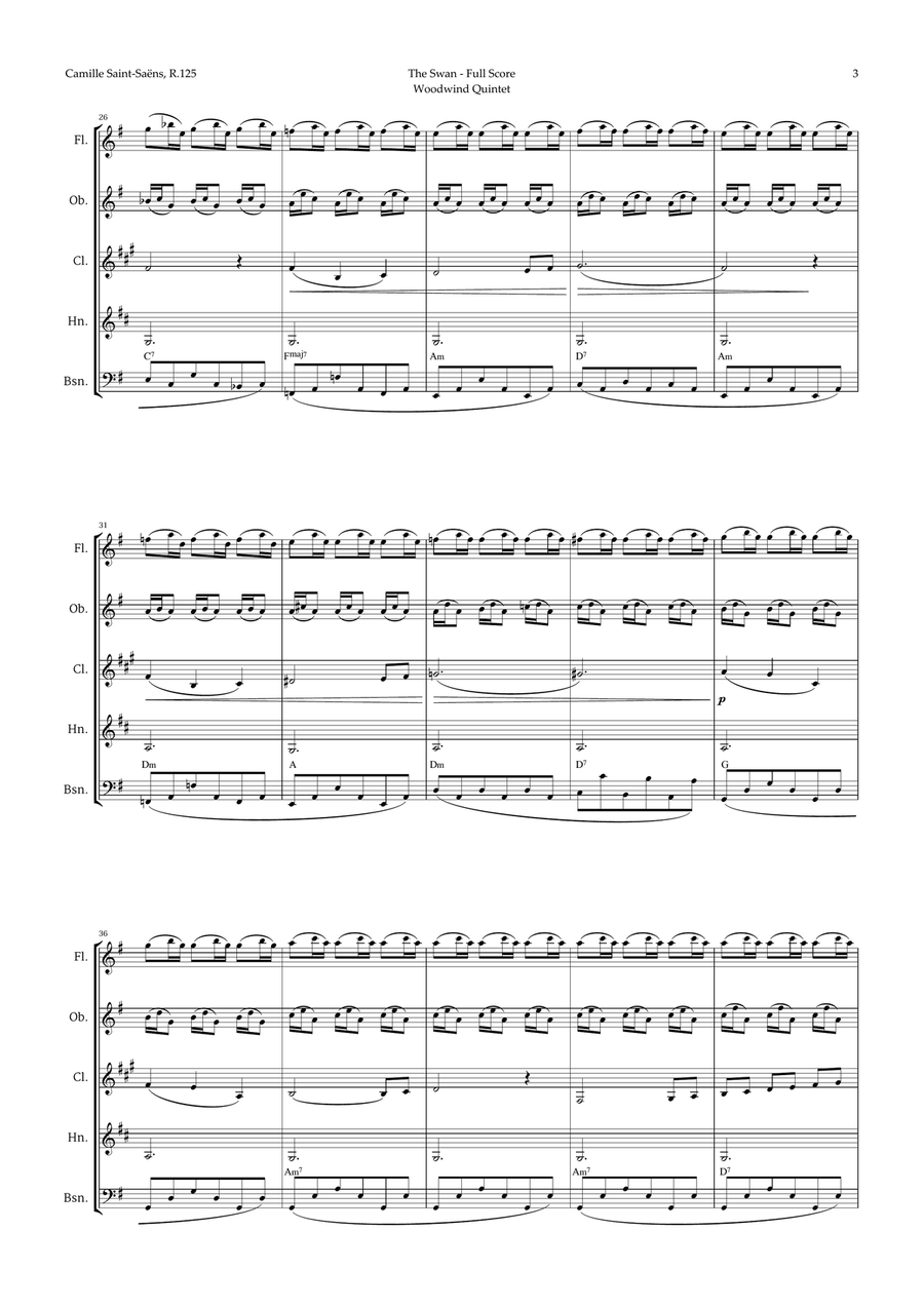 The Swan by Saint-Saëns for Woodwind Quintet with Chords Woodwind Quintet scores gallery preview page 3