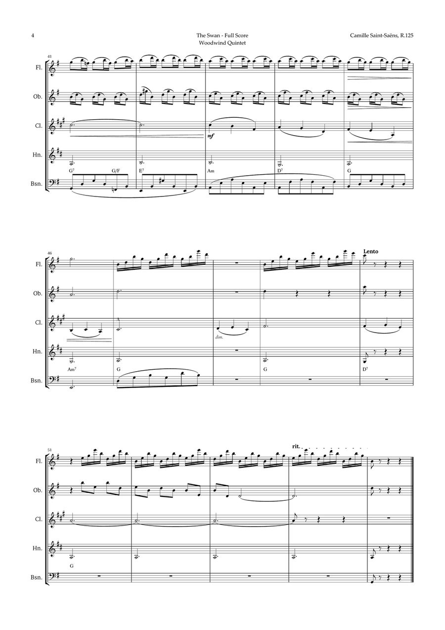 The Swan by Saint-Saëns for Woodwind Quintet with Chords Woodwind Quintet scores gallery preview page 4