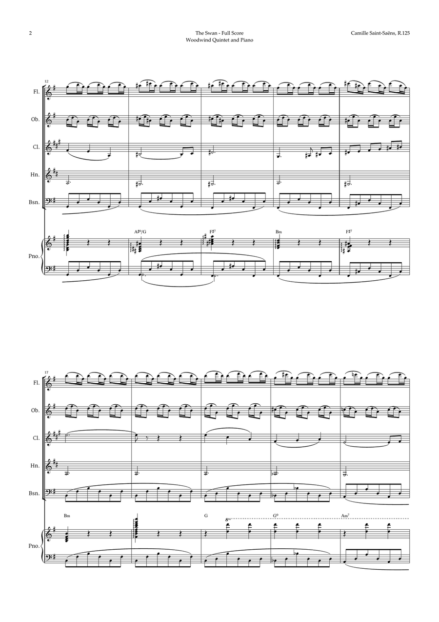 The Swan by Saint-Saëns for Woodwind Quintet and Piano with Chords Woodwind Quintet scores gallery preview page 2