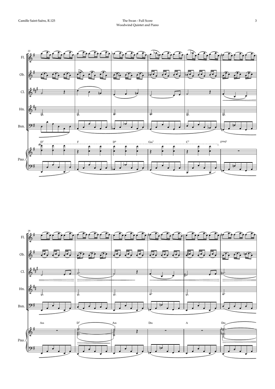 The Swan by Saint-Saëns for Woodwind Quintet and Piano with Chords Woodwind Quintet scores gallery preview page 3