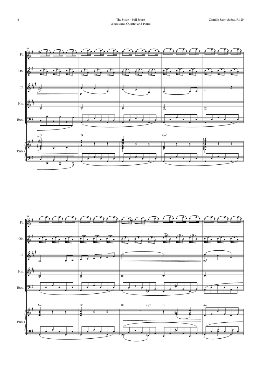The Swan by Saint-Saëns for Woodwind Quintet and Piano with Chords Woodwind Quintet scores gallery preview page 4