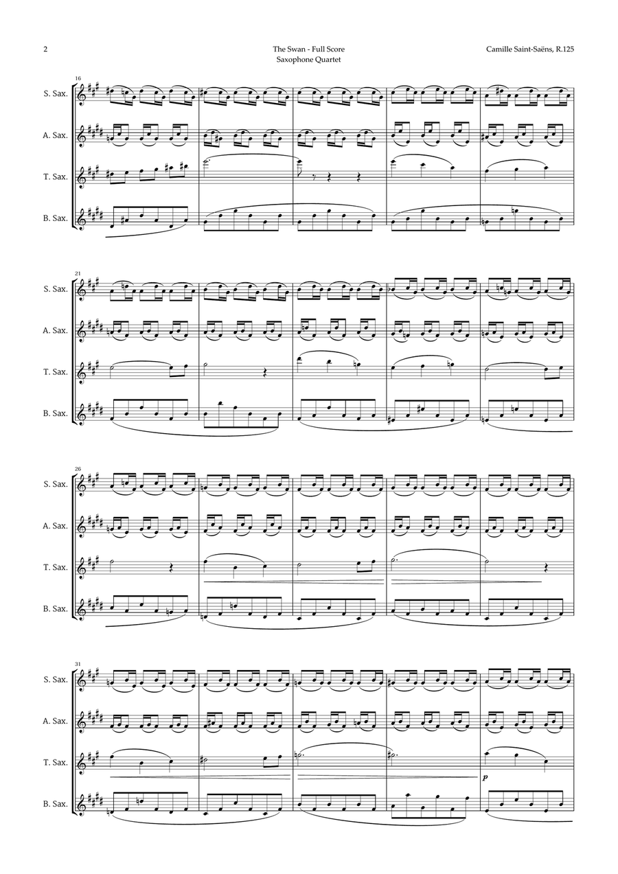 The Swan by Saint-Saëns for Sax Quartet Saxophone Quartet scores gallery preview page 2