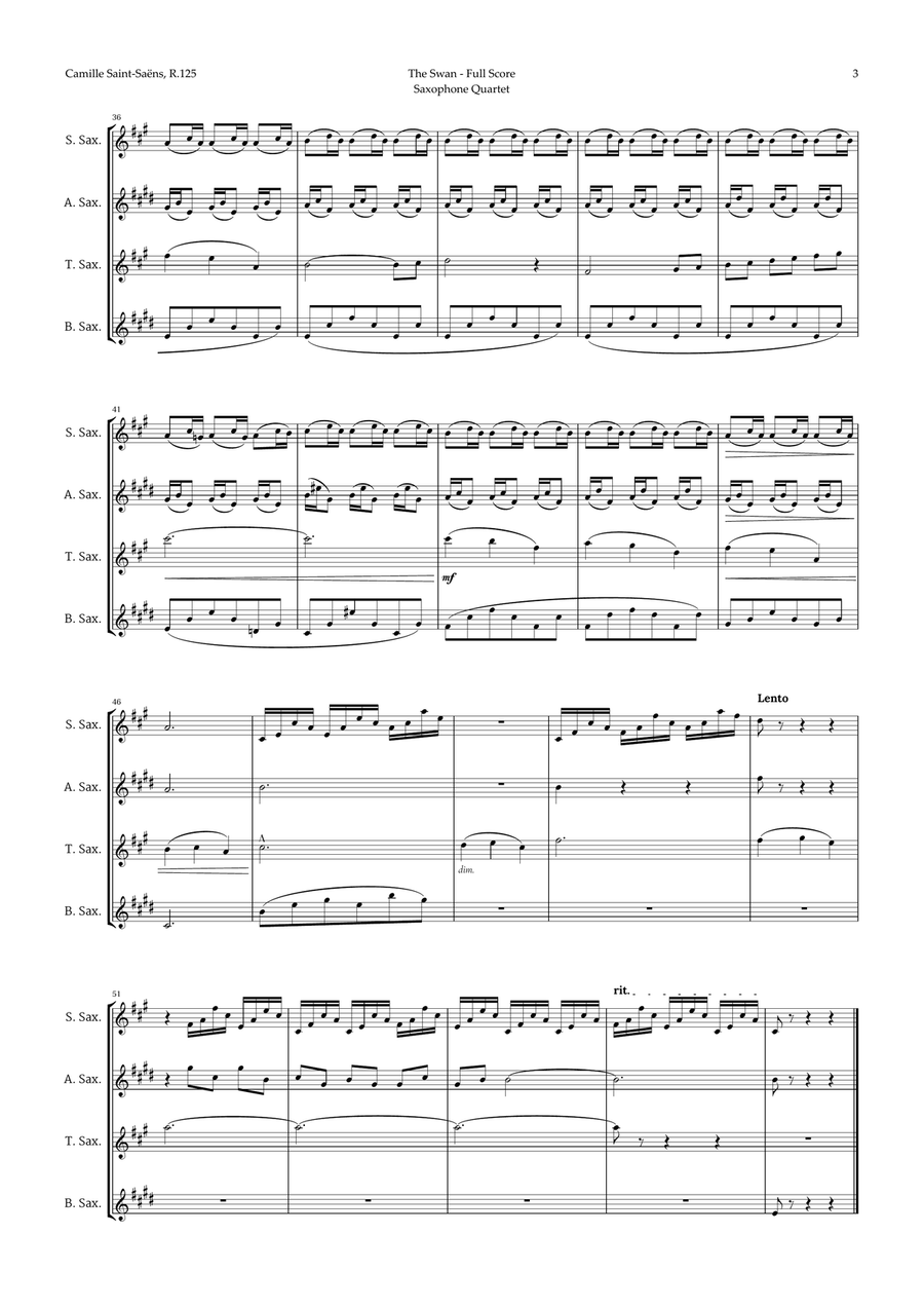 The Swan by Saint-Saëns for Sax Quartet Saxophone Quartet scores gallery preview page 3