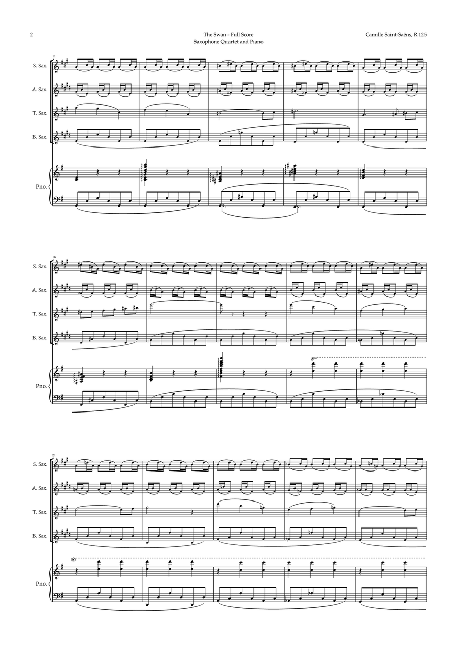 The Swan by Saint-Saëns for Sax Quartet and Piano Woodwind Ensemble scores gallery preview page 2