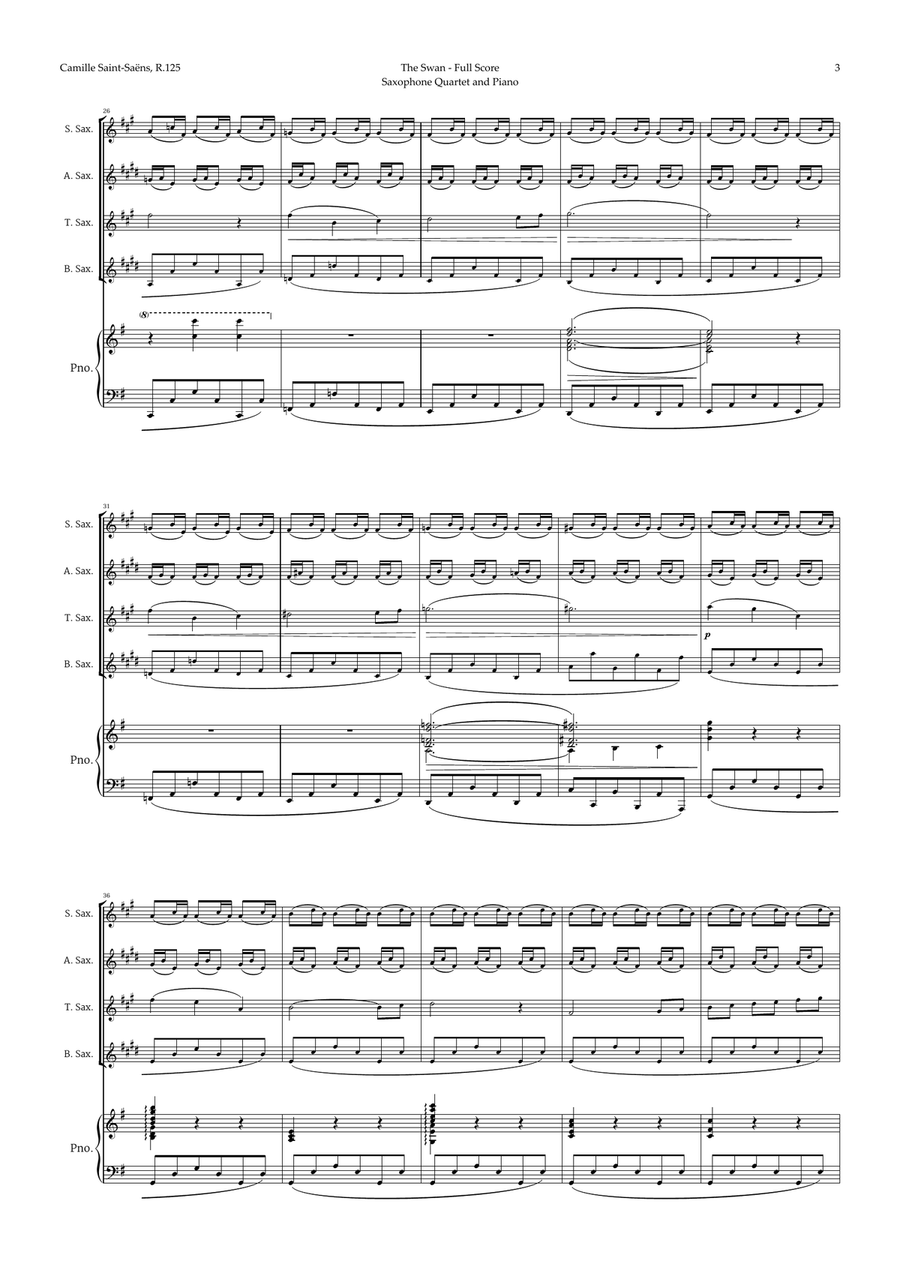 The Swan by Saint-Saëns for Sax Quartet and Piano Woodwind Ensemble scores gallery preview page 3