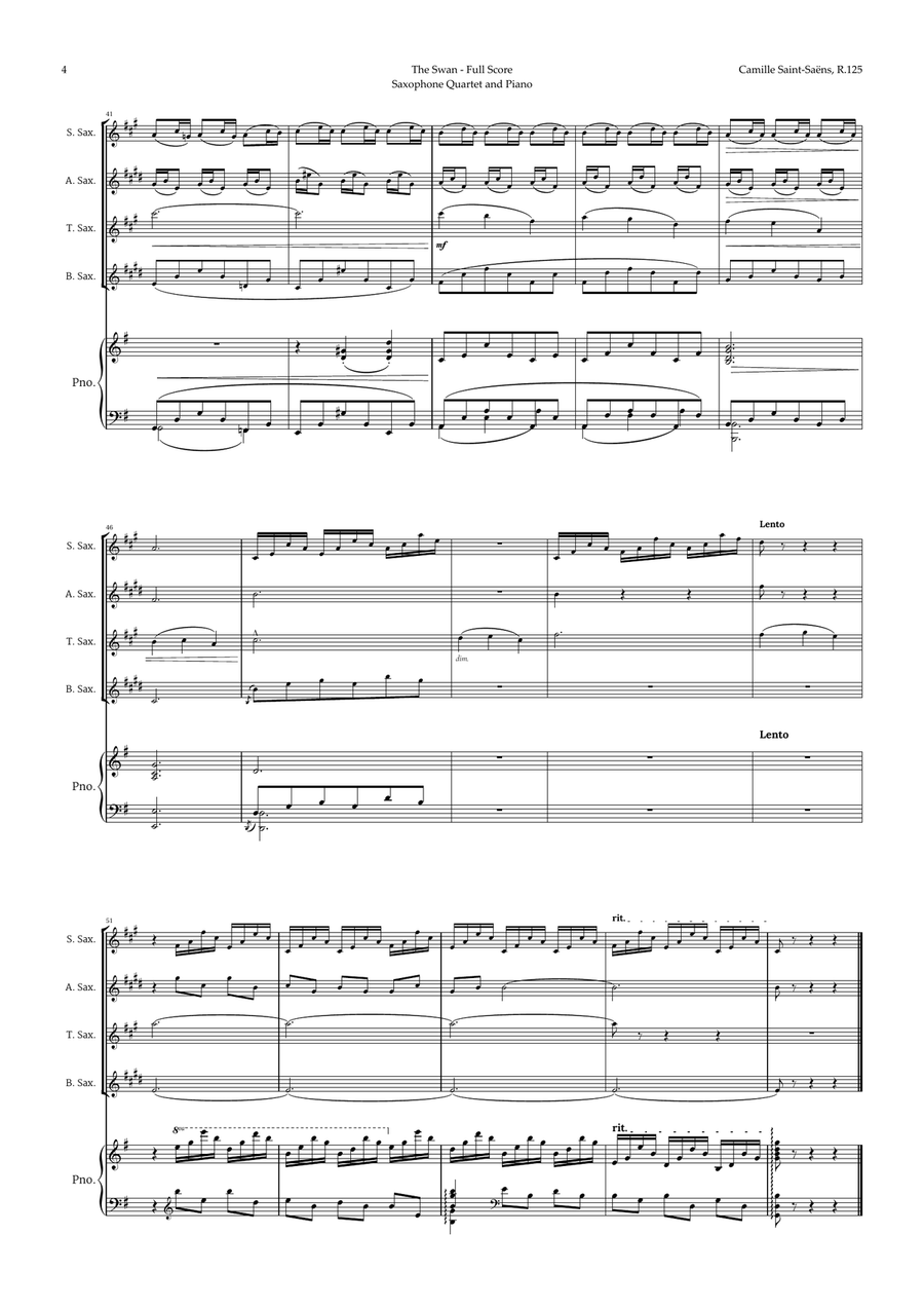 The Swan by Saint-Saëns for Sax Quartet and Piano Woodwind Ensemble scores gallery preview page 4