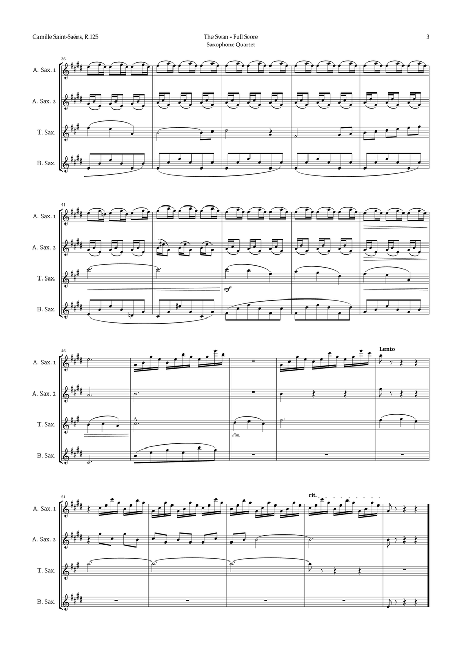 The Swan by Saint-Saëns for Sax Quartet AATB Saxophone Quartet scores gallery preview page 3