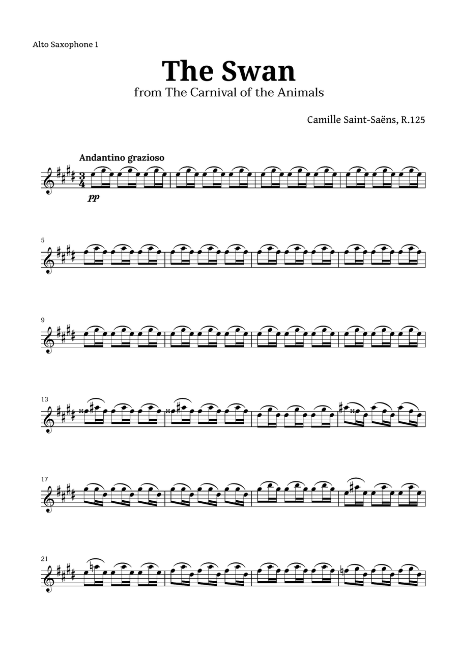 The Swan by Saint-Saëns for Sax Quartet AATB Saxophone Quartet scores gallery preview page 4