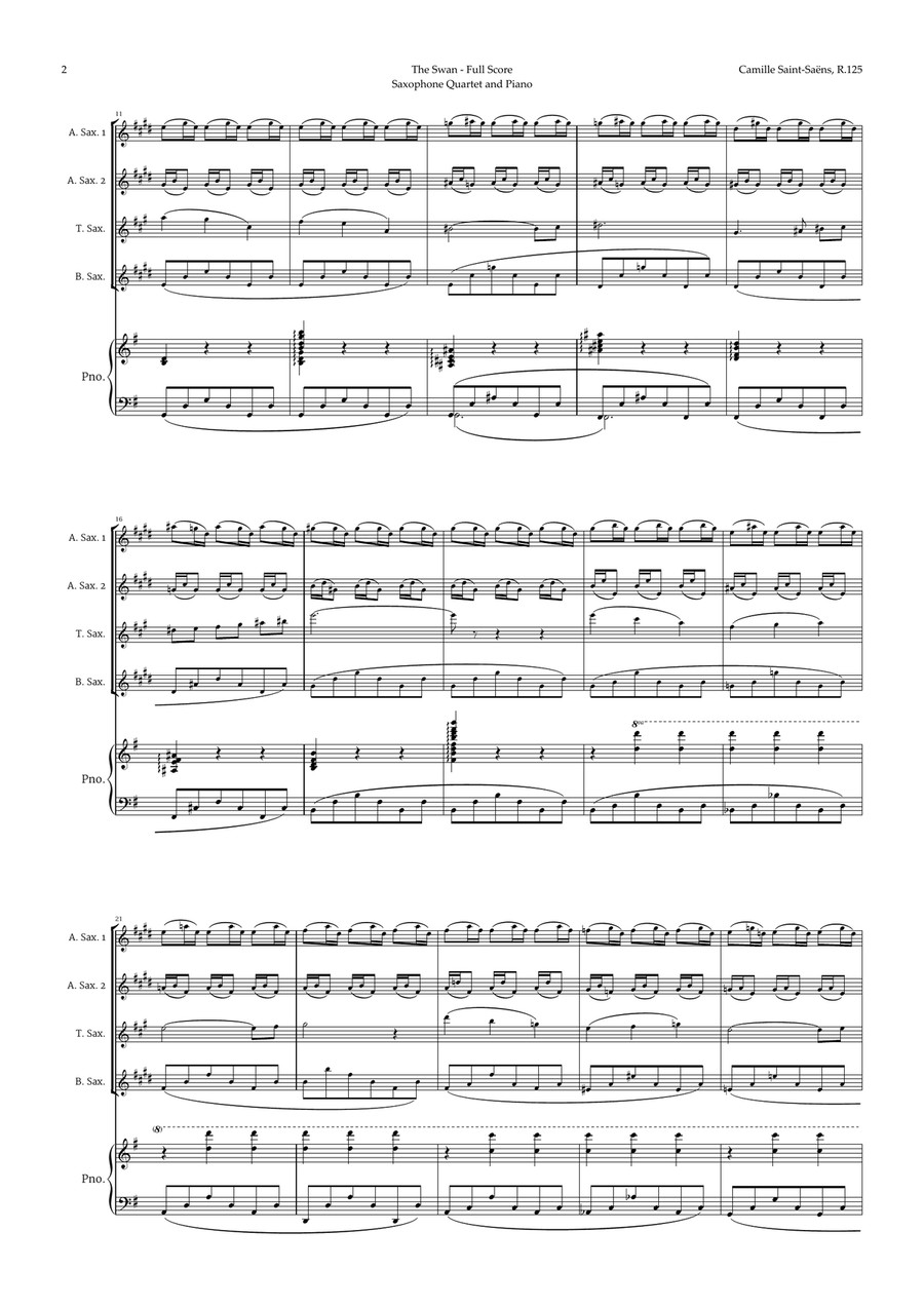 The Swan by Saint-Saëns for Sax Quartet AATB and Piano Woodwind Ensemble scores gallery preview page 2