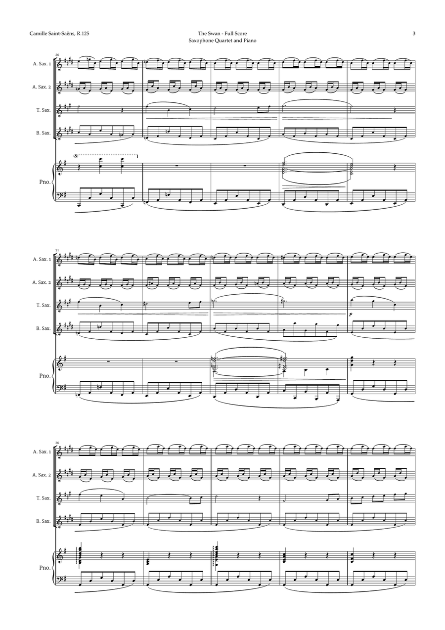 The Swan by Saint-Saëns for Sax Quartet AATB and Piano Woodwind Ensemble scores gallery preview page 3