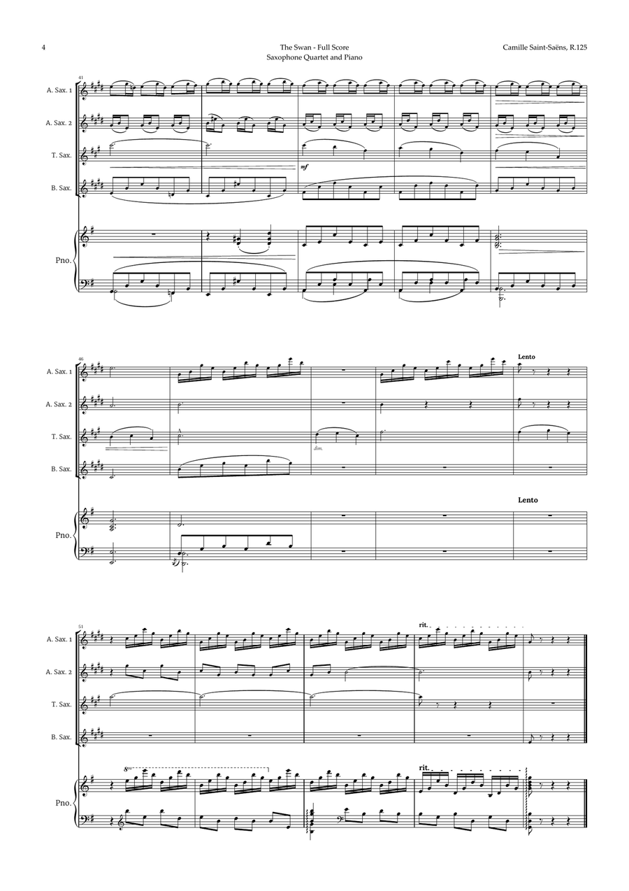 The Swan by Saint-Saëns for Sax Quartet AATB and Piano Woodwind Ensemble scores gallery preview page 4