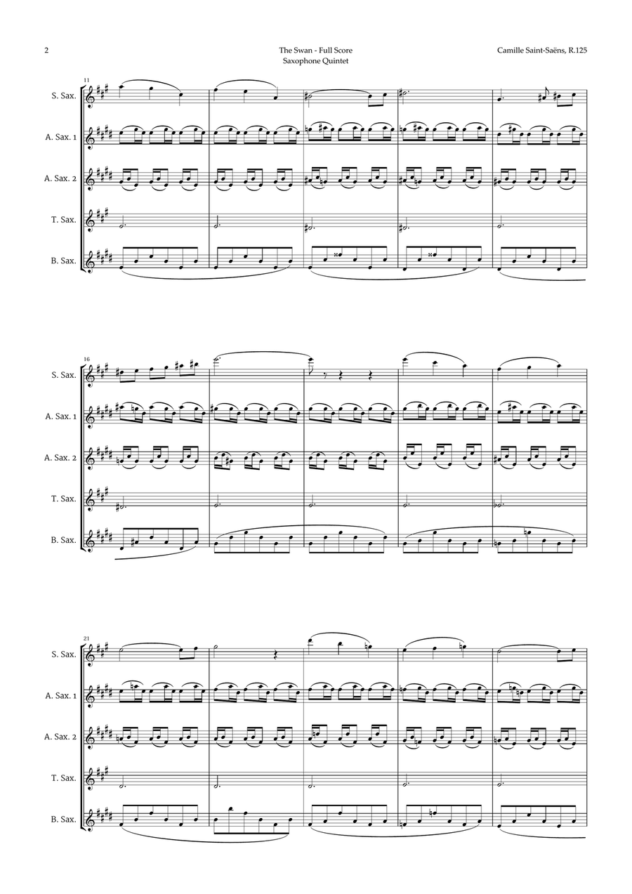 The Swan by Saint-Saëns for Sax Quintet Saxophone Quintet scores gallery preview page 2