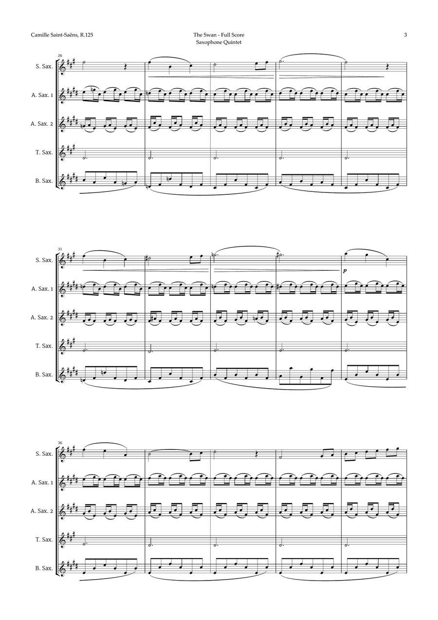 The Swan by Saint-Saëns for Sax Quintet Saxophone Quintet scores gallery preview page 3