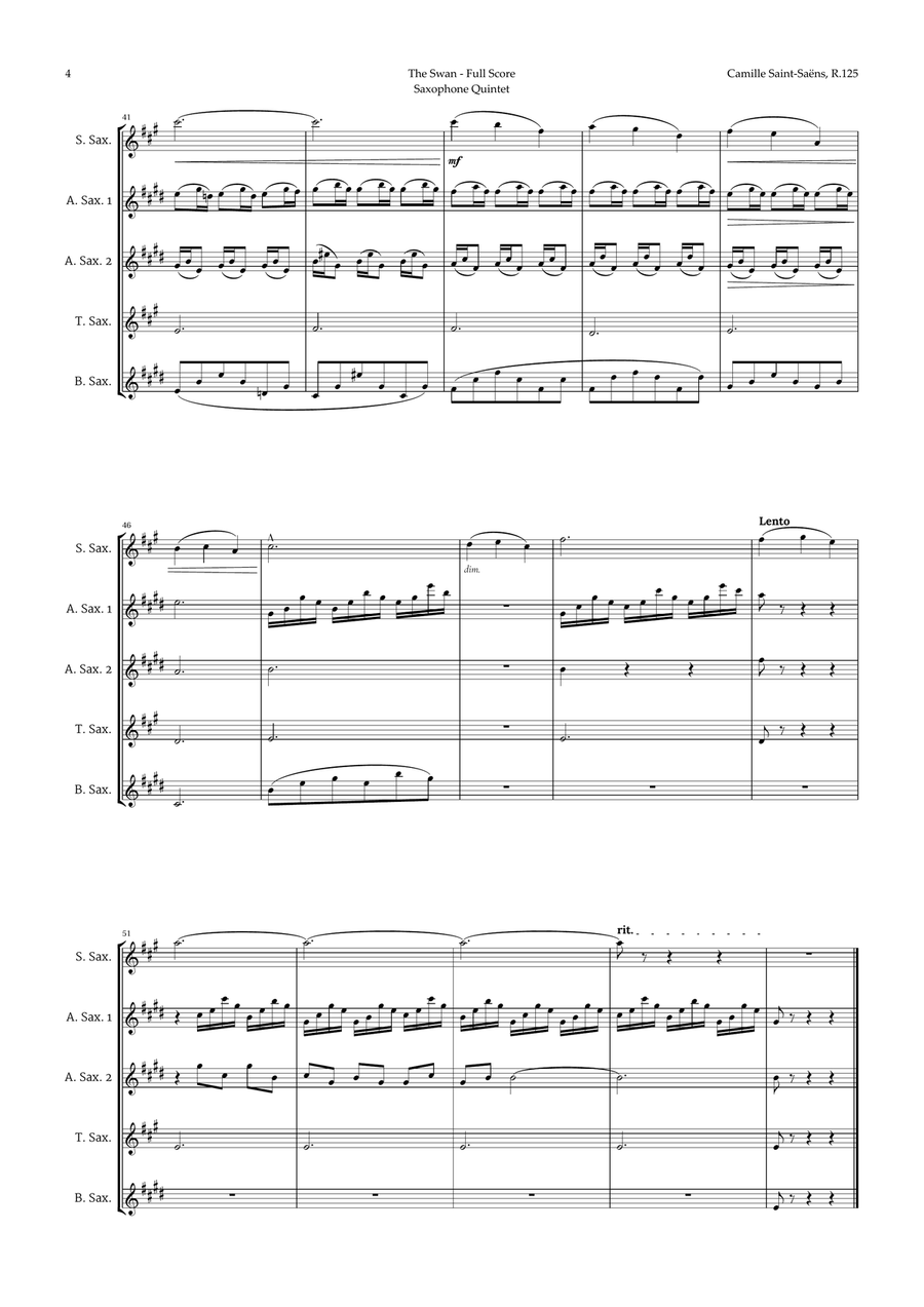 The Swan by Saint-Saëns for Sax Quintet Saxophone Quintet scores gallery preview page 4