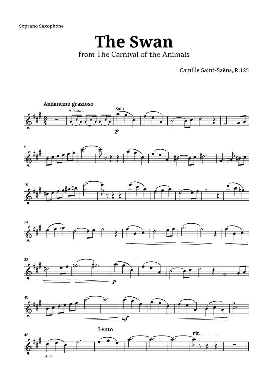The Swan by Saint-Saëns for Sax Quintet Saxophone Quintet scores gallery preview page 5