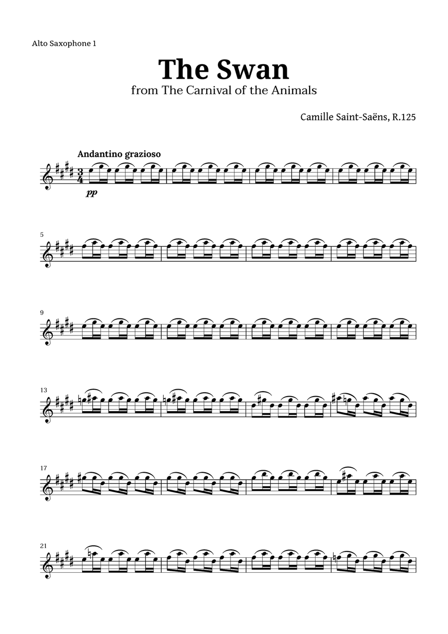 The Swan by Saint-Saëns for Sax Quintet Saxophone Quintet scores gallery preview page 6