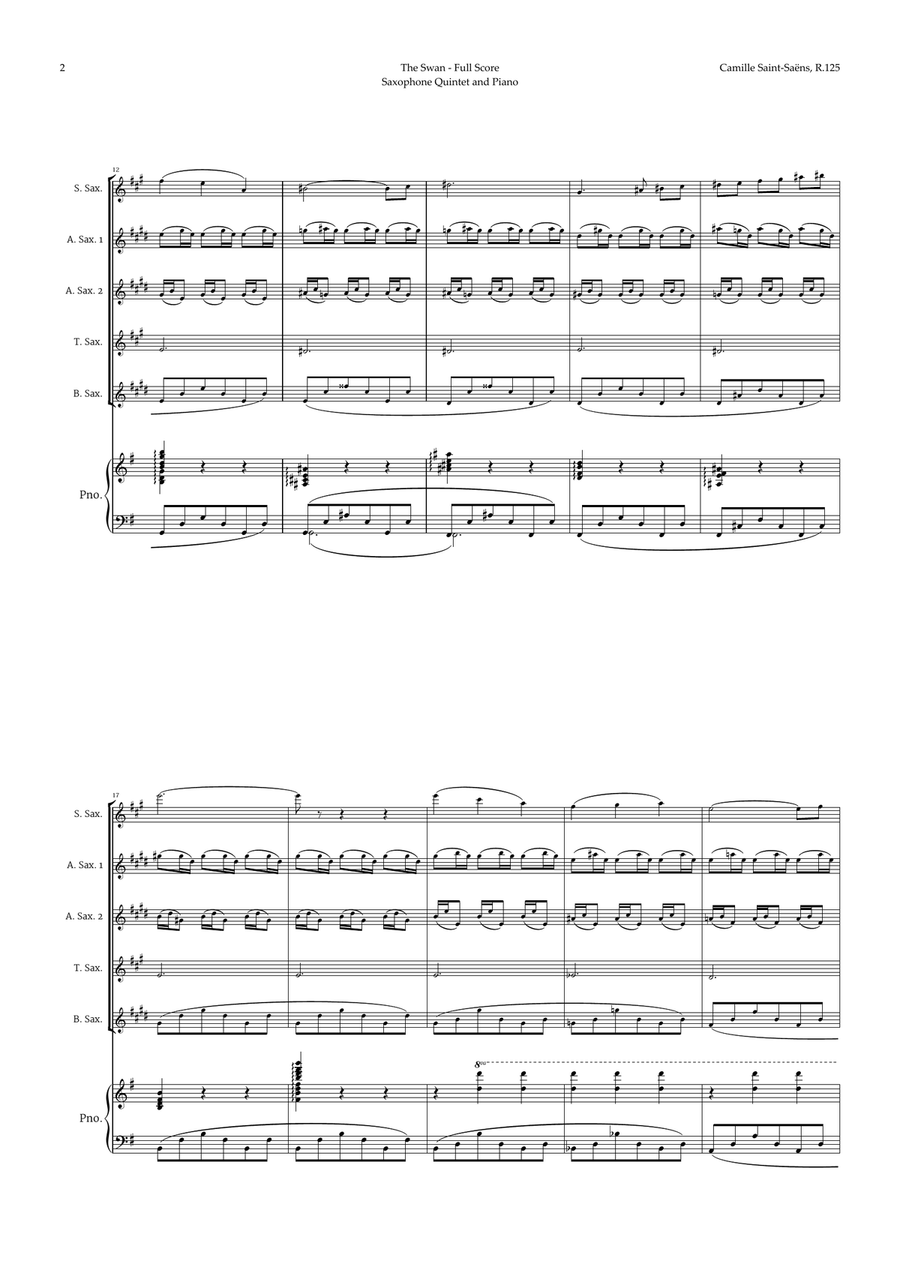 The Swan by Saint-Saëns for Sax Quintet and Piano Saxophone Quintet scores gallery preview page 2