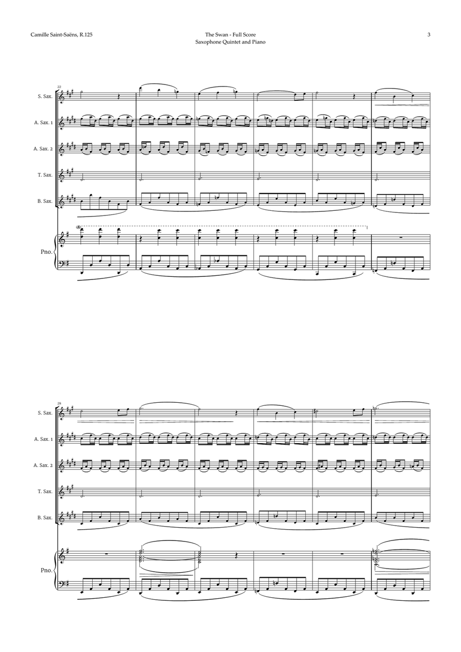 The Swan by Saint-Saëns for Sax Quintet and Piano Saxophone Quintet scores gallery preview page 3
