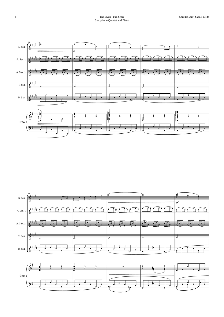 The Swan by Saint-Saëns for Sax Quintet and Piano Saxophone Quintet scores gallery preview page 4