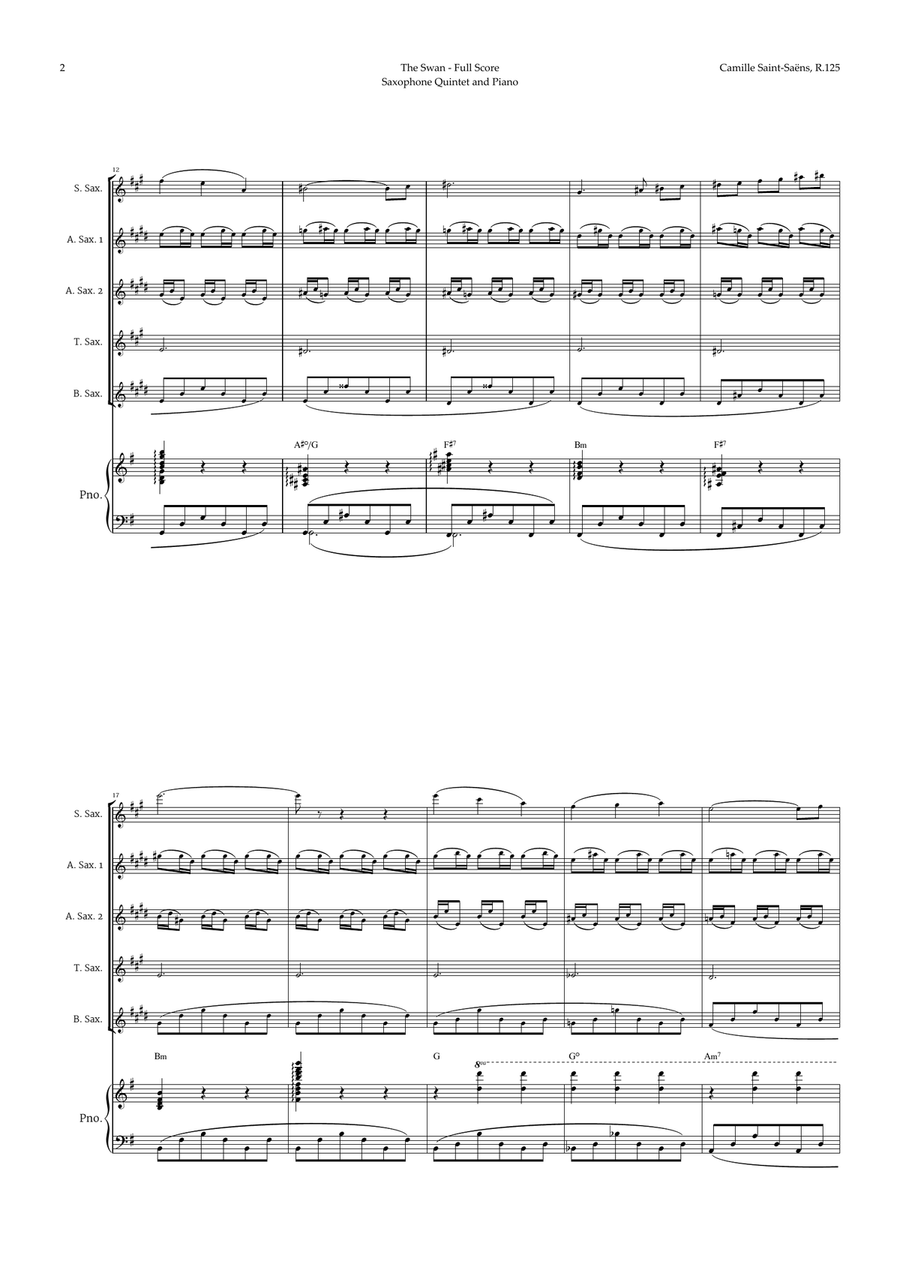 The Swan by Saint-Saëns for Sax Quintet and Piano with Chords Saxophone Quintet scores gallery preview page 2