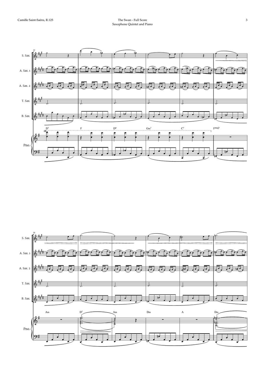 The Swan by Saint-Saëns for Sax Quintet and Piano with Chords Saxophone Quintet scores gallery preview page 3