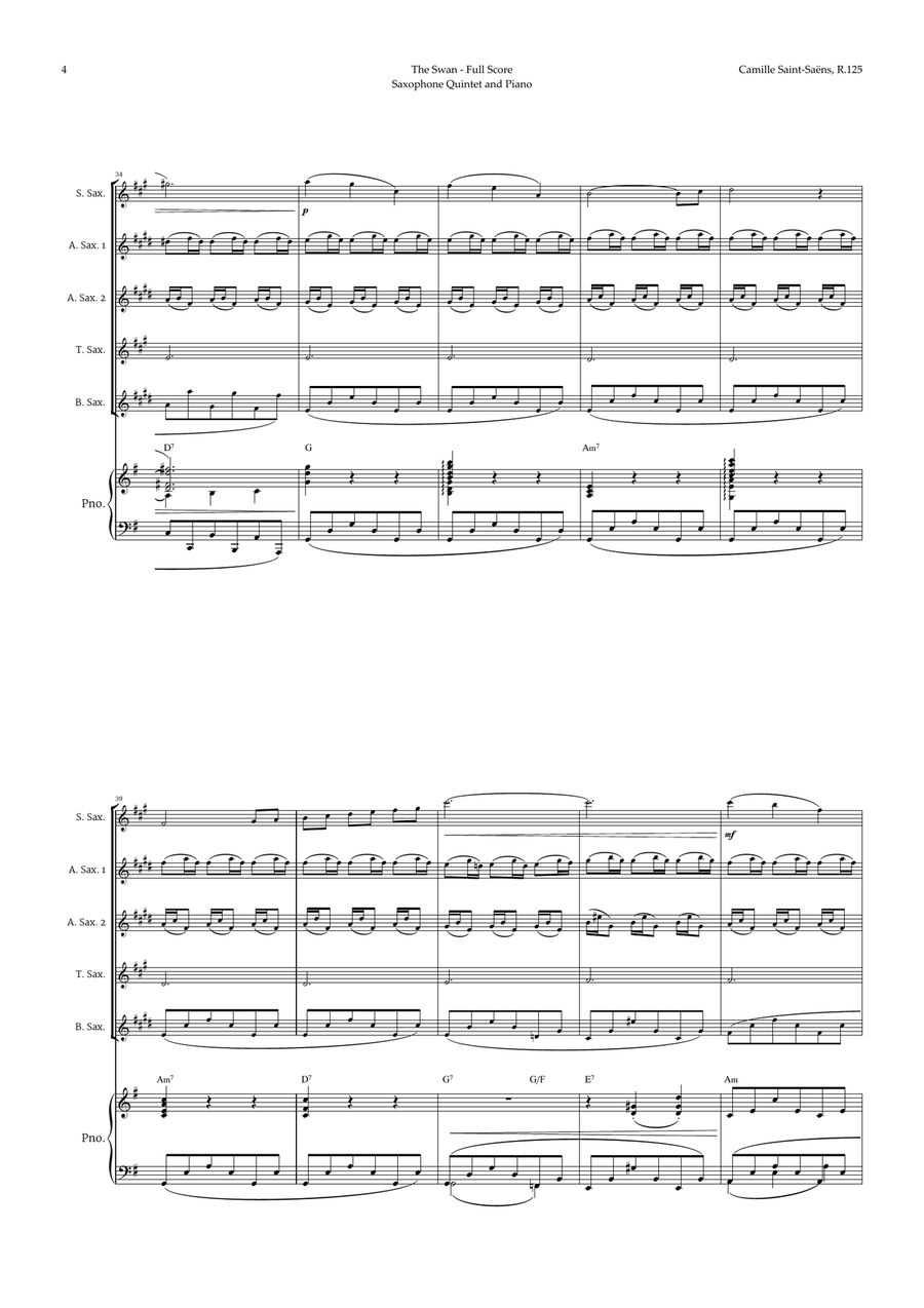 The Swan by Saint-Saëns for Sax Quintet and Piano with Chords Saxophone Quintet scores gallery preview page 4