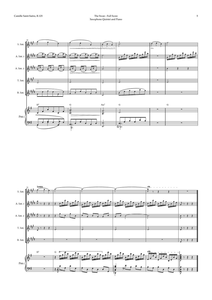 The Swan by Saint-Saëns for Sax Quintet and Piano with Chords Saxophone Quintet scores gallery preview page 5