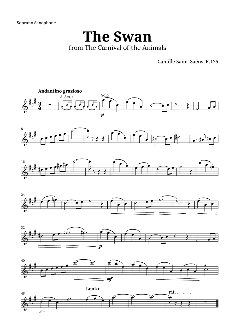 The Swan by Saint-Saëns for Sax Quintet and Piano with Chords Saxophone Quintet scores gallery preview page 6