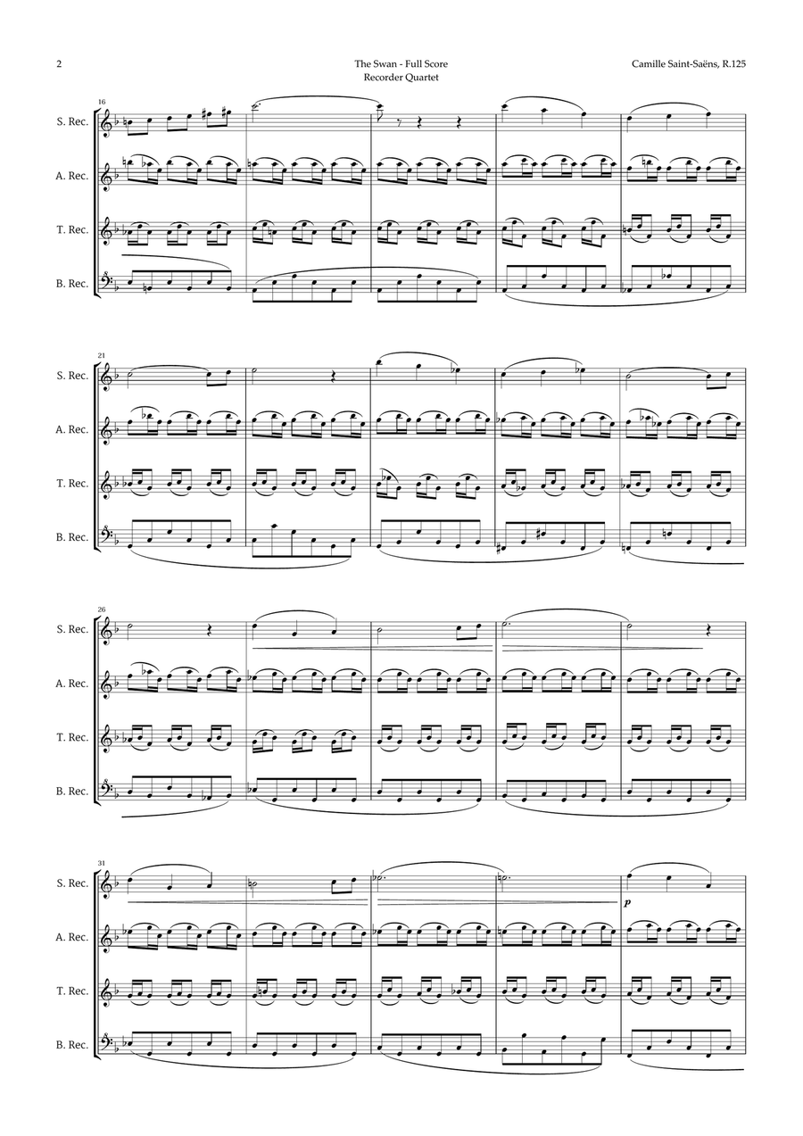 The Swan by Saint-Saëns for Recorder Quartet Recorder scores gallery preview page 2