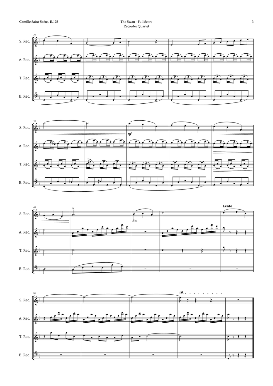 The Swan by Saint-Saëns for Recorder Quartet Recorder scores gallery preview page 3