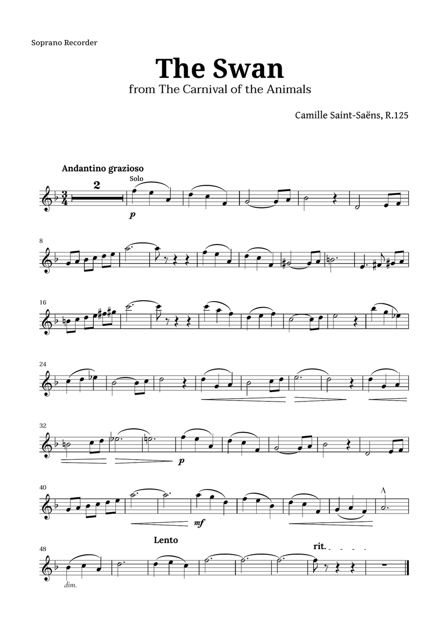 The Swan by Saint-Saëns for Recorder Quartet Recorder scores gallery preview page 4