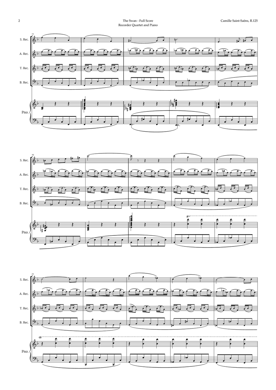 The Swan by Saint-Saëns for Recorder Quartet and Piano Recorder scores gallery preview page 2